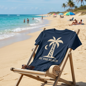 White cotton t-shirt with beach palm tree graphic coastal style.